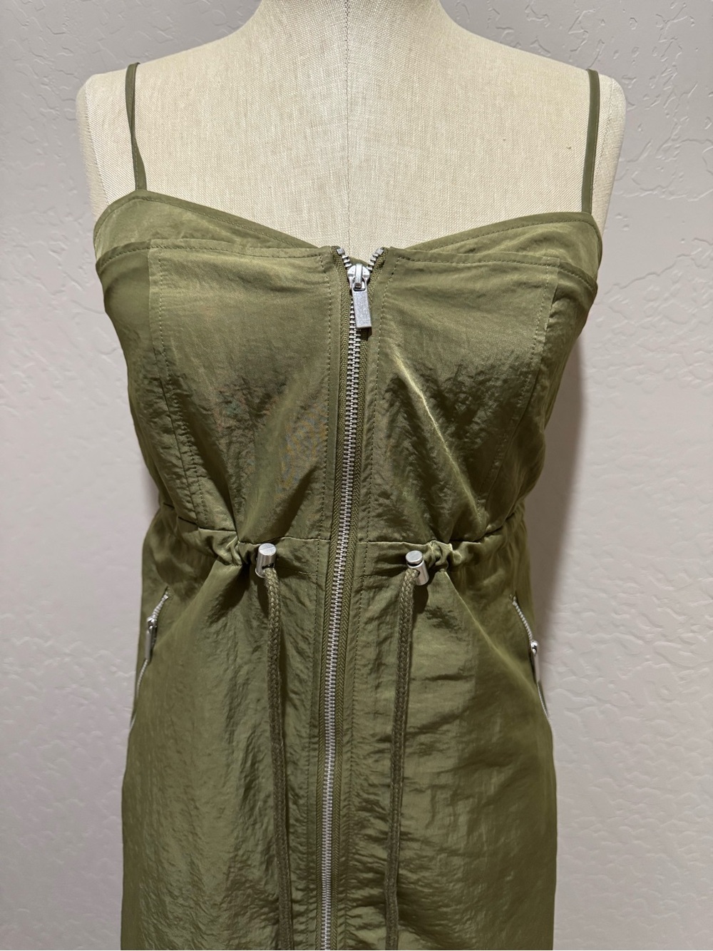 Future Collective Adjustable Waist Olive Midi Dress with Front Zip Size Small
